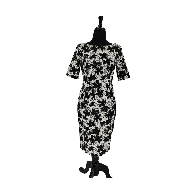 Calvin Klein Black White Floral Textured Stretch Sheath Dress SZ 10 Exposed Zip - Picture 1 of 8